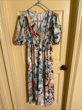 Flutter Sleeve V-Neck Midi Dress in Multi-Color Floral